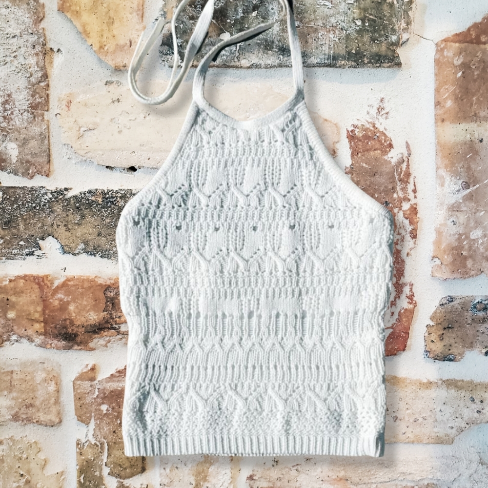 Sky and Sparrow Cream White Crochet Halter Tank Top